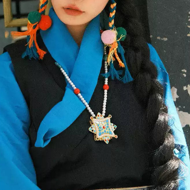 Tibetan Gau Box Pendant Necklace with Pearl, Turquoise & Carnelian