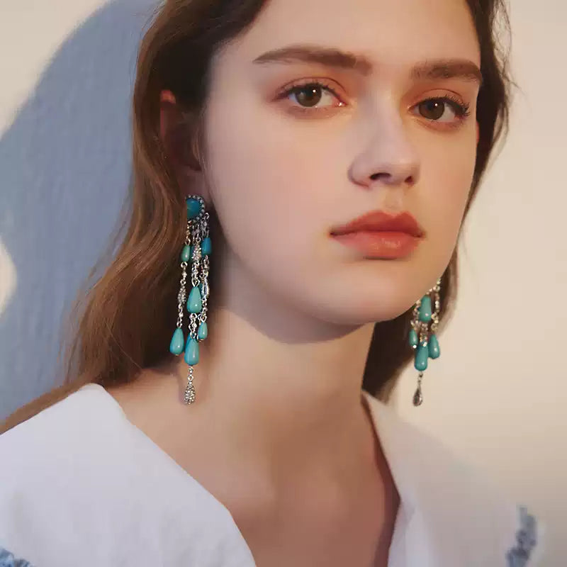Tibetan Turquoise Tassel Earrings with Silver Chains