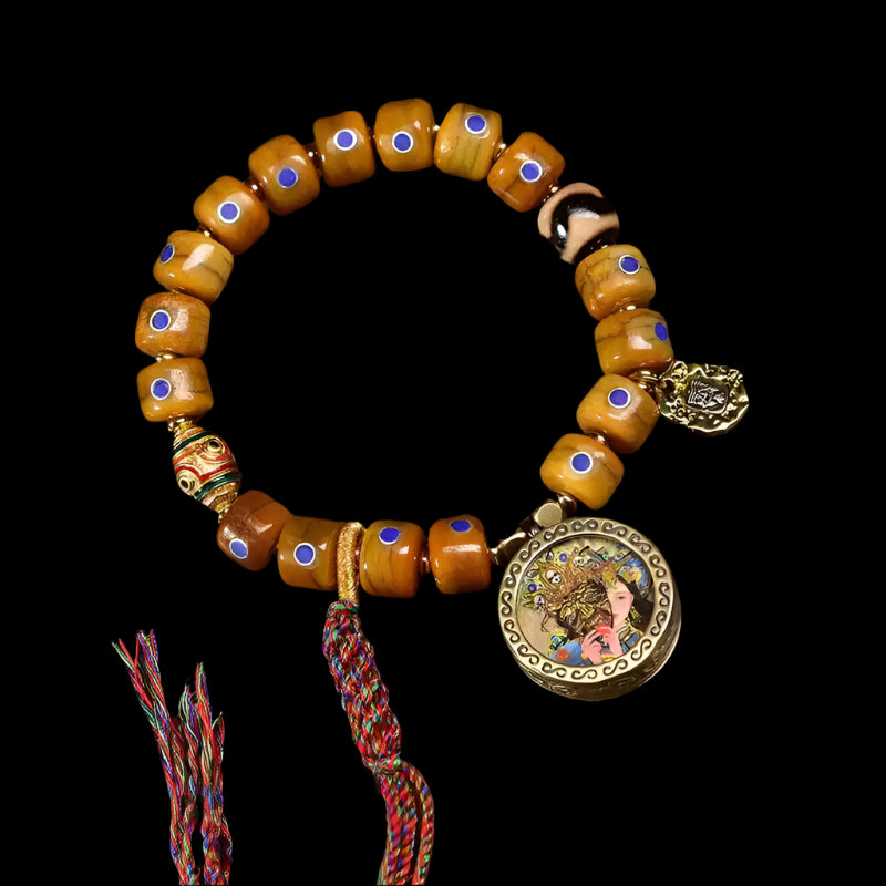 Tibetan Yak Bone Bracelet with Lapis Inlay and Protector Thangka Pendant