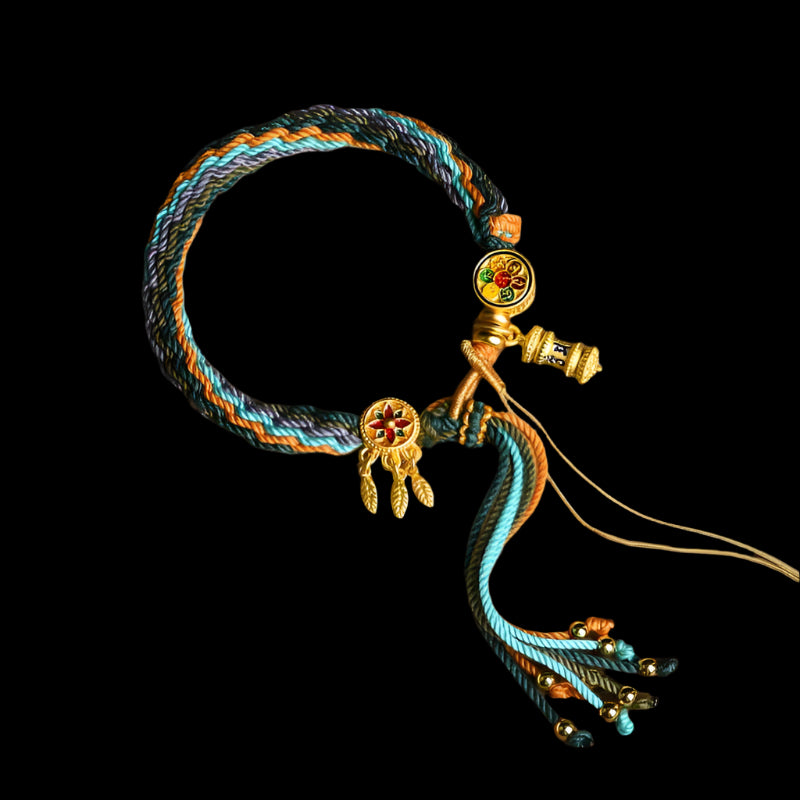Tibetan Spiritual Friendship Bracelet with Golden Charms and Sacred Icons