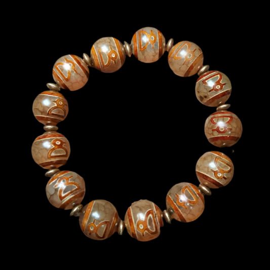 Tibetan Agate Bracelet with Red-Skin Dzi & Fortune Symbols