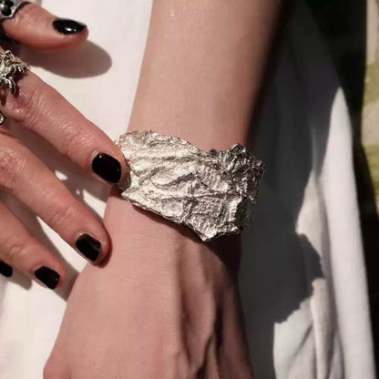 Handcrafted Silver Textured Cuff Bracelet with Organic Design