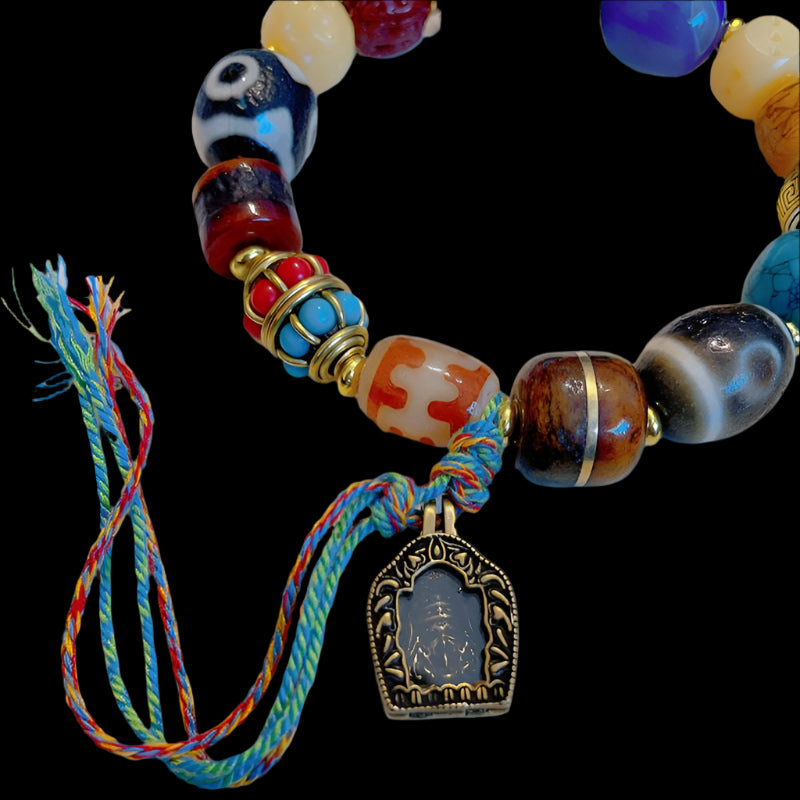 Turquoise Dzi Bead Bracelet with Camel Bone, Agate, and Zha Ki Ram
