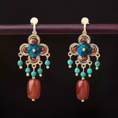 Tibetan Filigree Drop Earrings with Carnelian & Turquoise Beads