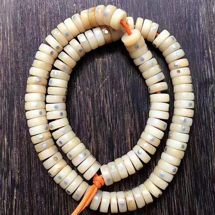 Tibetan 108 Camel Bone Mala with Silver Inlay – Handcrafted Buddhist Beads