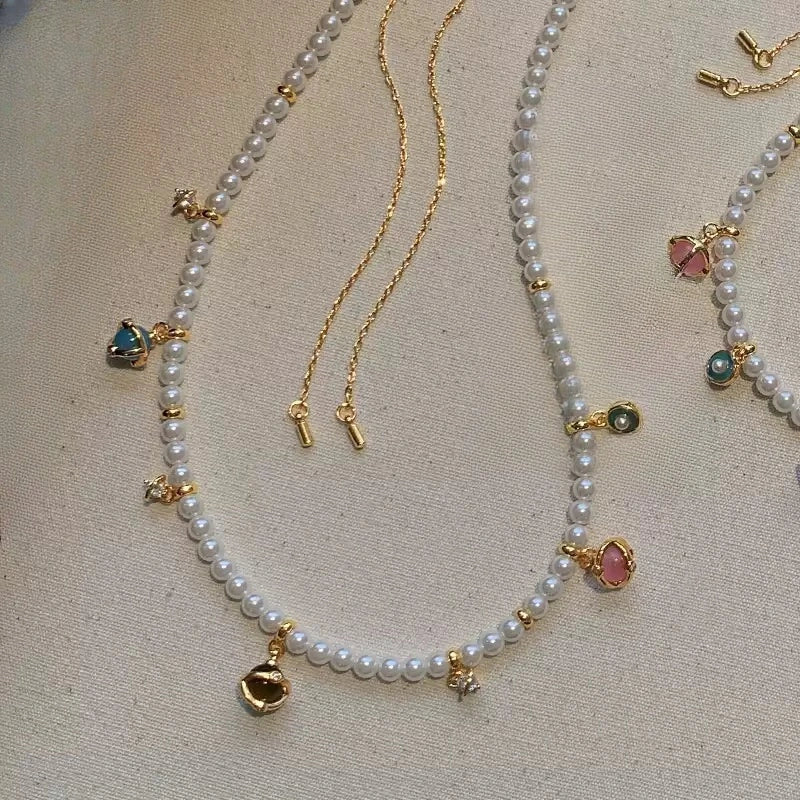 Opal & Pearl Small Bead Necklace with Gold Accents