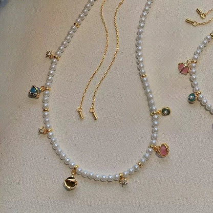 Opal & Pearl Small Bead Necklace with Gold Accents