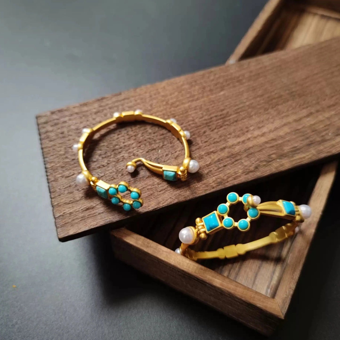 Sky Royal® Gold-Plated Brass Bangle with Turquoise and Pearl Accents