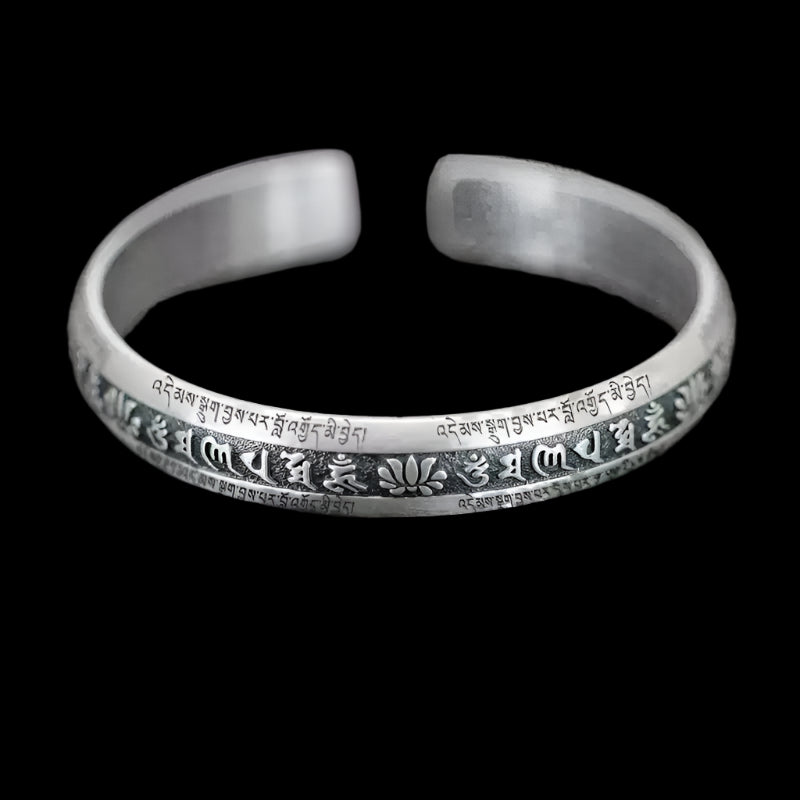 Tibetan Silver Mantra Bracelet – Om Mani Padme Hum & Heart Sutra Protection
