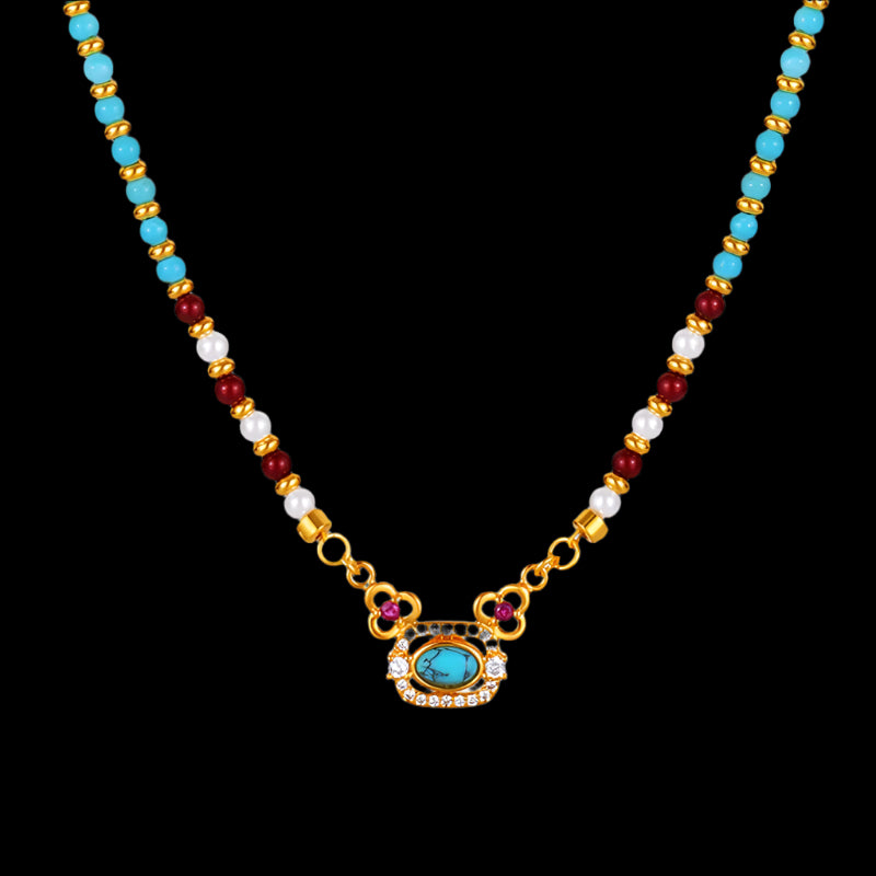 Handmade Turquoise & Pearl Beaded Necklace with Gold Accents
