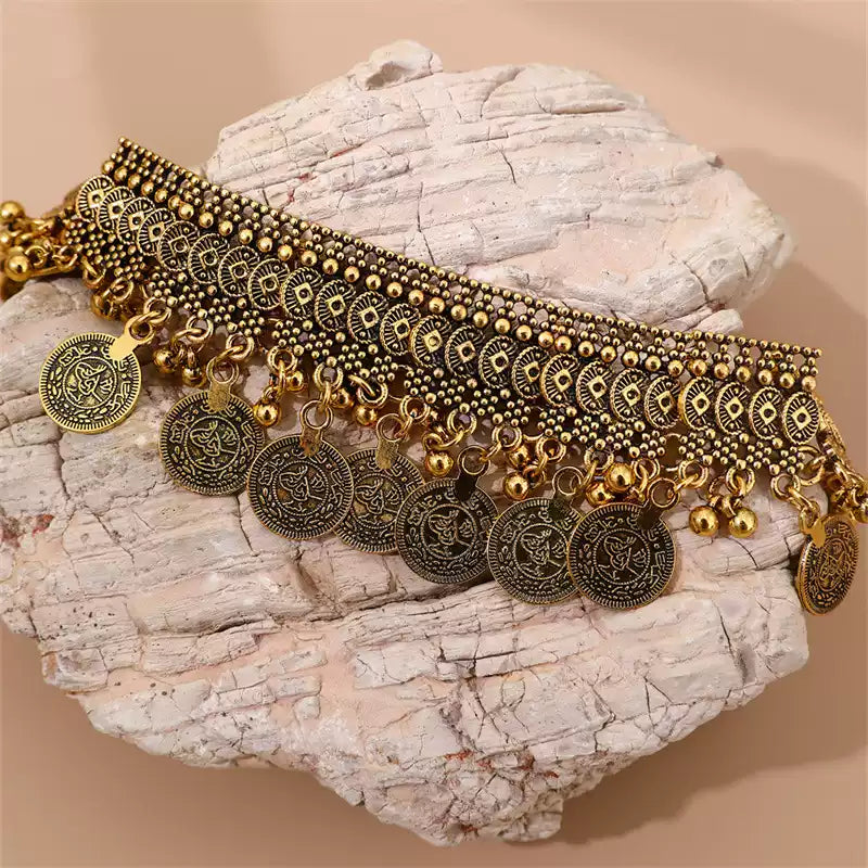 Tibetan Coin Motif Bracelet with Antique Gold Finish