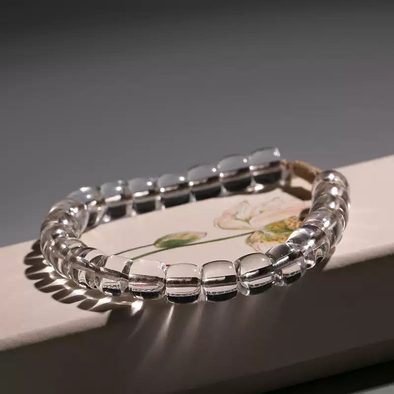 Natural White Crystal Straight-Cut Barrel Bead Bracelet