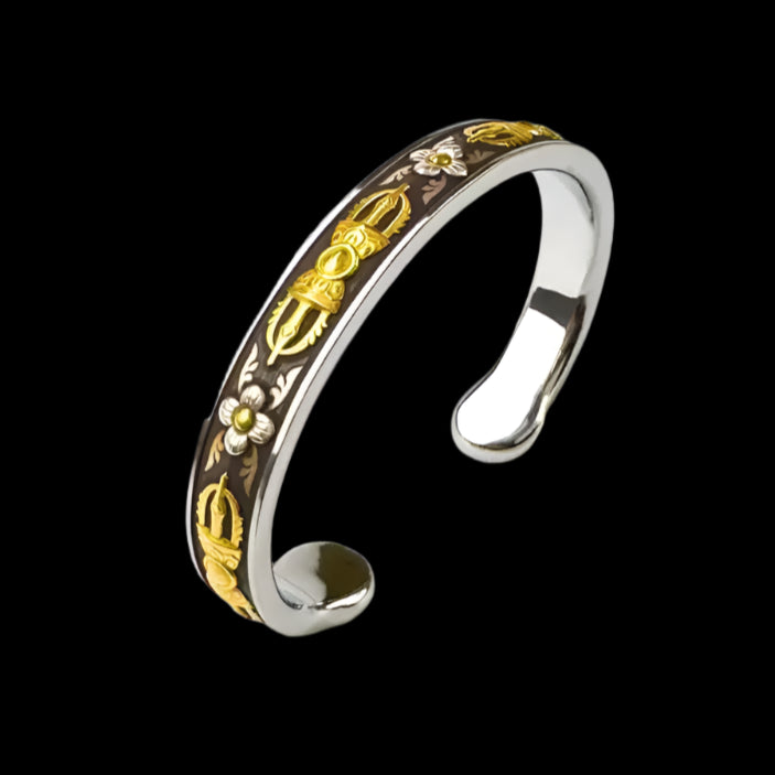Tibetan Vajra Cuff Bracelet in Silver-Plated Copper with Inlay