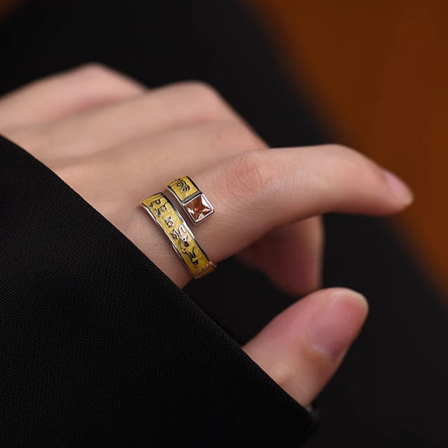 Six-Syllable Mantra Ring – Unisex Tibetan Yellow Wealth Deity Snake Ring with Prosperity Inscription