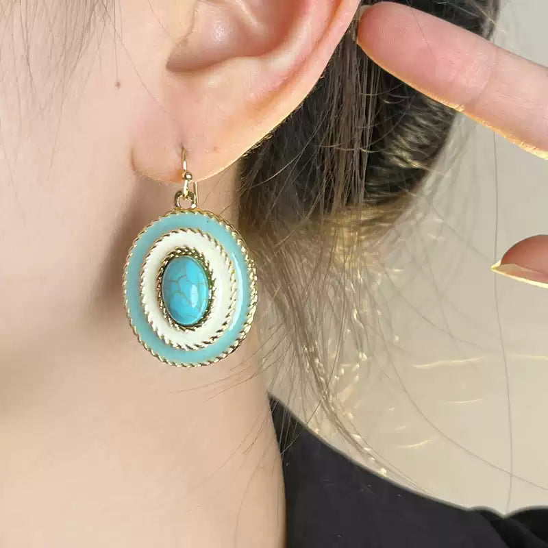 Vintage Enamel Earrings with Oval Turquoise Center and Gold Detailing
