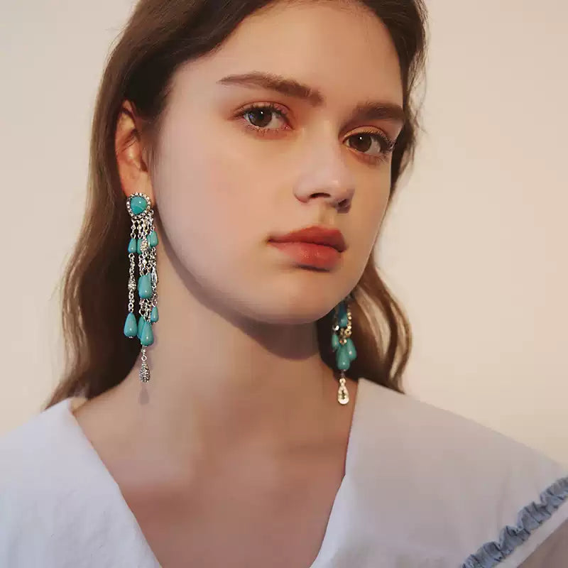 Tibetan Turquoise Tassel Earrings with Silver Chains