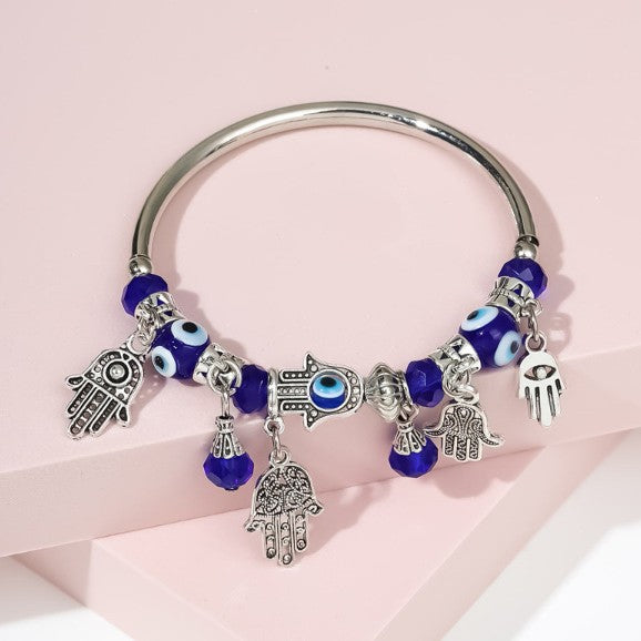 Silver Evil Eye & Hamsa Charm Bracelet with Blue Glass Beads