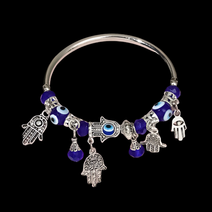 Silver Evil Eye & Hamsa Charm Bracelet with Blue Glass Beads