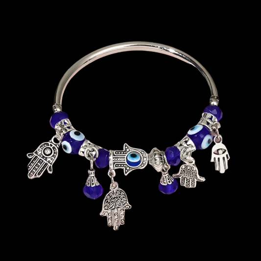 Silver Evil Eye & Hamsa Charm Bracelet with Blue Glass Beads