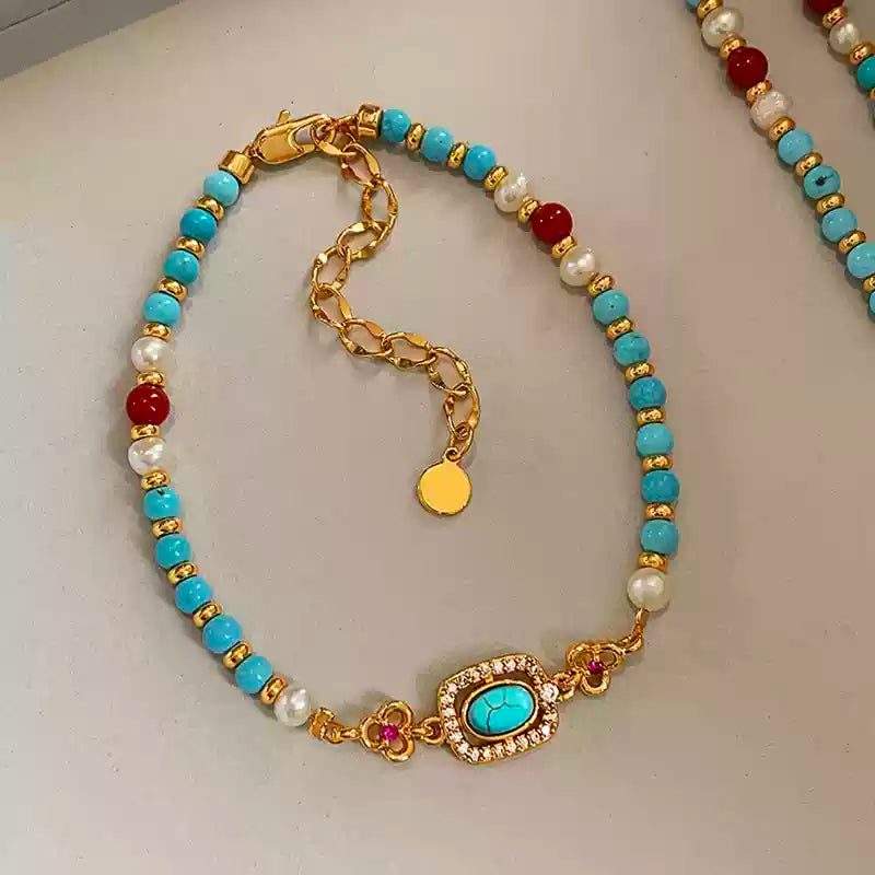 Turquoise & Pearl Small Bead Bracelet with Gold Accents