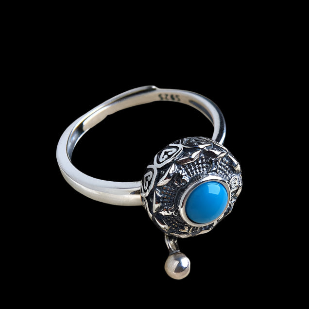 Tibetan Silver Mantra Ring with Lotus & Turquoise Inlay