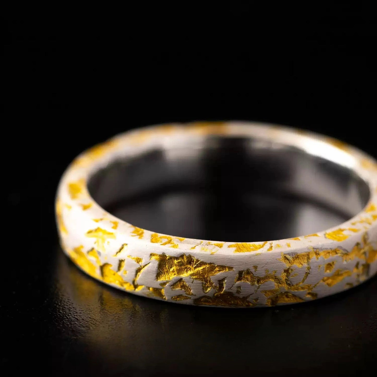 Tibetan Silver Ring with Gold Leaf Inlay & Stone Texture Design
