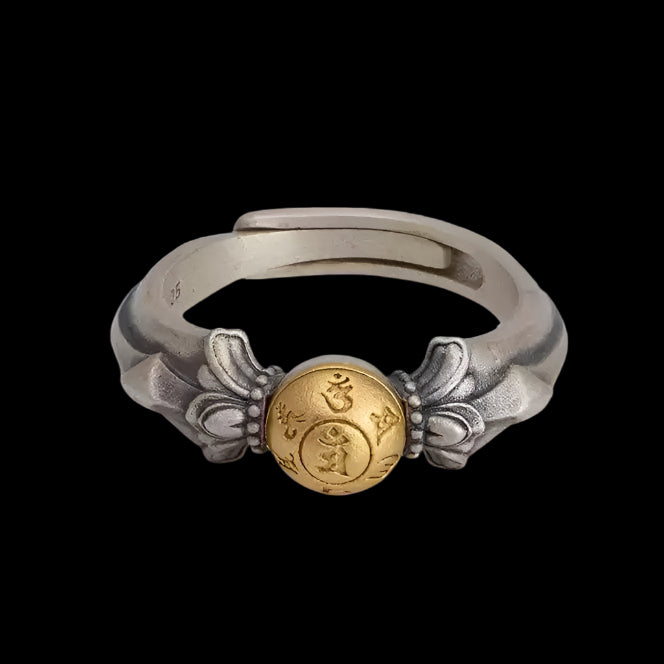Tibetan Wisdom Mantra Ring with Antique Silver & Gold Detailing