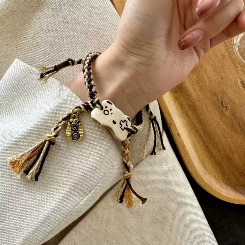 Funky Punky® Camel Bone Cat Gamepad Bracelet with Bronze Pharaoh Cat Charm