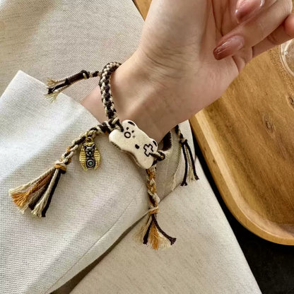 Funky Punky® Camel Bone Cat Gamepad Bracelet with Bronze Pharaoh Cat Charm