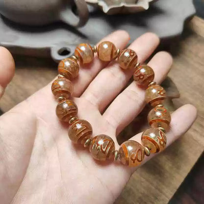 Tibetan Agate Bracelet with Red-Skin Dzi & Fortune Symbols