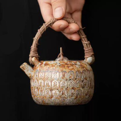 Zen Ceramic Teapot with Silver Buddha Inlays – Mindful Tea Ritual Vessel