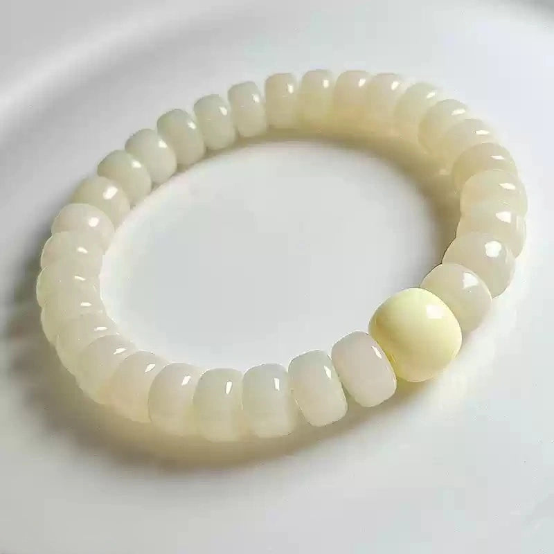 Snow Mountain White Bodhi Root Bracelet with Green Glass Bead