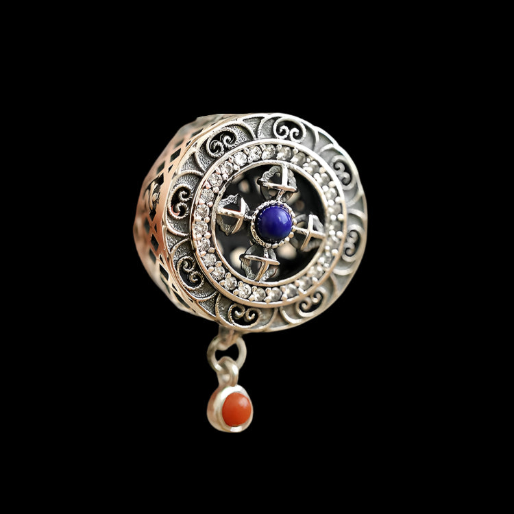 Tibetan S925 Silver Spinning Ring with Lapis and Six-Word Mantra