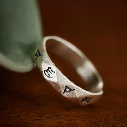 Tibetan Six-Word Mantra Open Ring in Aged Sterling Silver