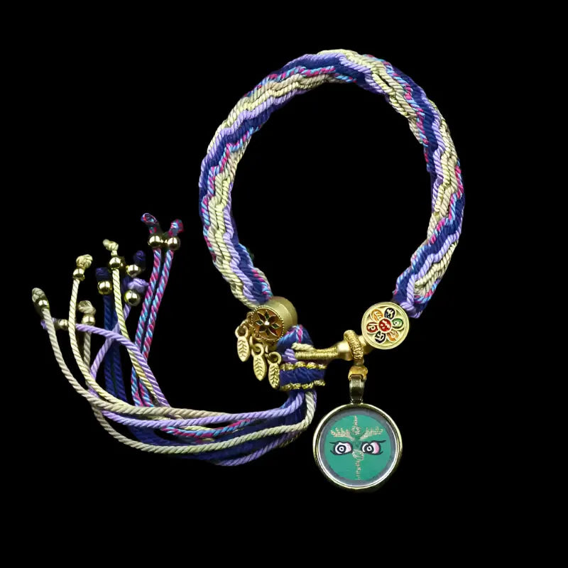 Hand-Painted Tibetan Thangka Zha Ki Ram Bracelet with Green Tara and Five Buddhas