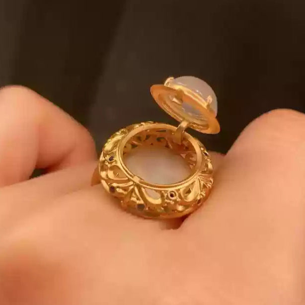 Glass Aromatherapy Locket Ring – Zircon-Embellished Adjustable Ring