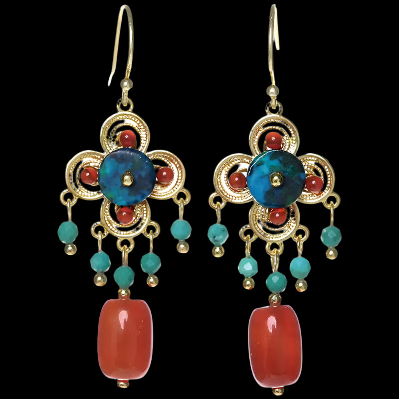 Tibetan Filigree Drop Earrings with Carnelian & Turquoise Beads