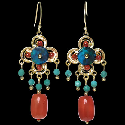 Tibetan Filigree Drop Earrings with Carnelian & Turquoise Beads