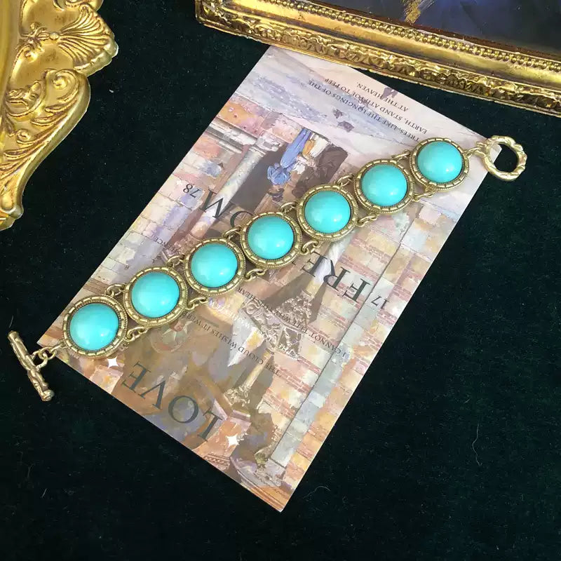 Vintage-Inspired Turquoise & Malachite Bracelet with Aged Gold