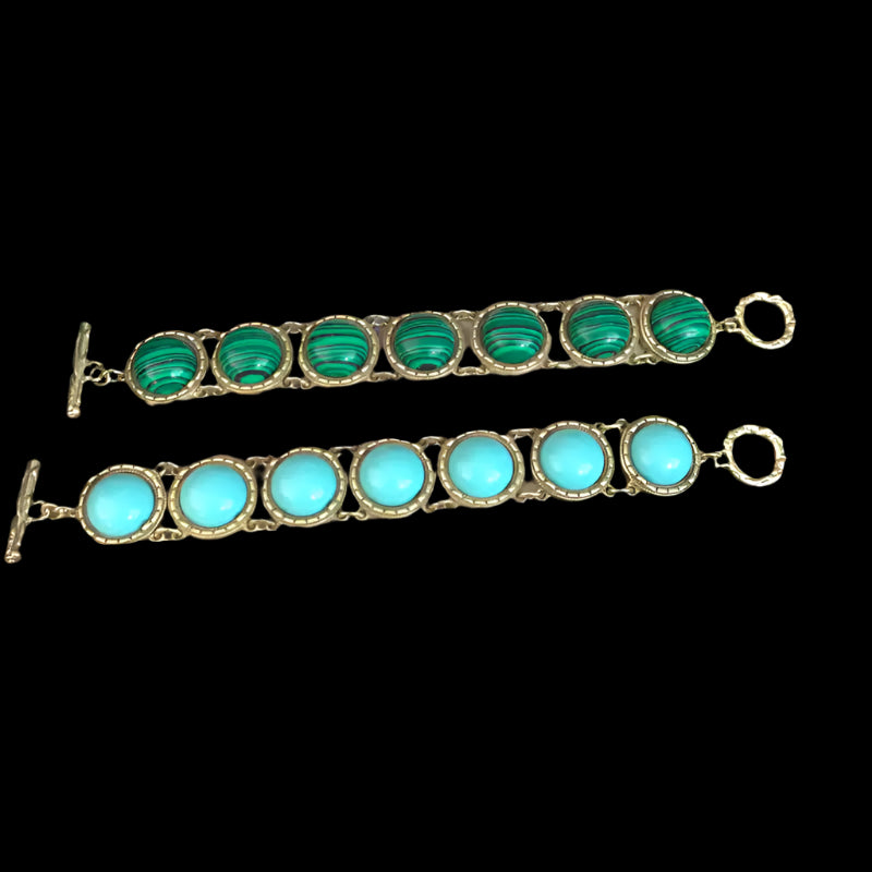Vintage-Inspired Turquoise & Malachite Bracelet with Aged Gold