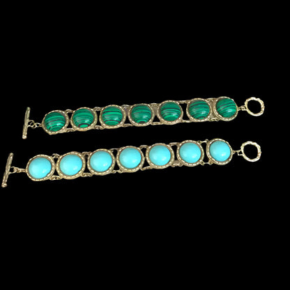 Vintage-Inspired Turquoise & Malachite Bracelet with Aged Gold