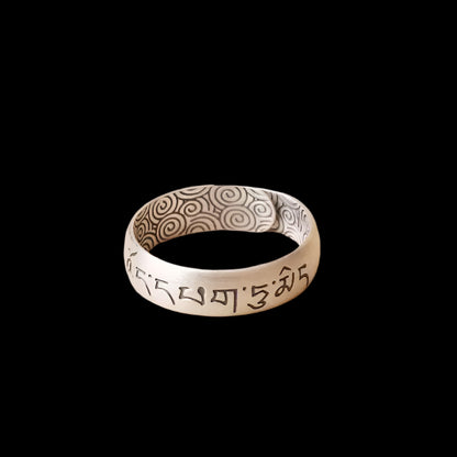 Tibetan Six-Word Mantra Wide Band Ring in Pure 999 Silver