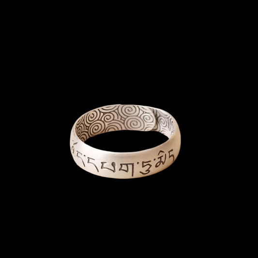 Tibetan Six-Word Mantra Wide Band Ring in Pure 999 Silver