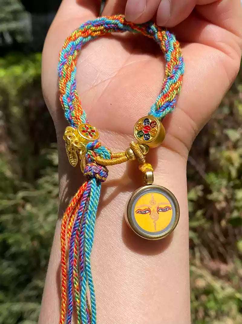 Hand-Painted Tibetan Thangka Zha Ki Ram Bracelet with Green Tara and Five Buddhas