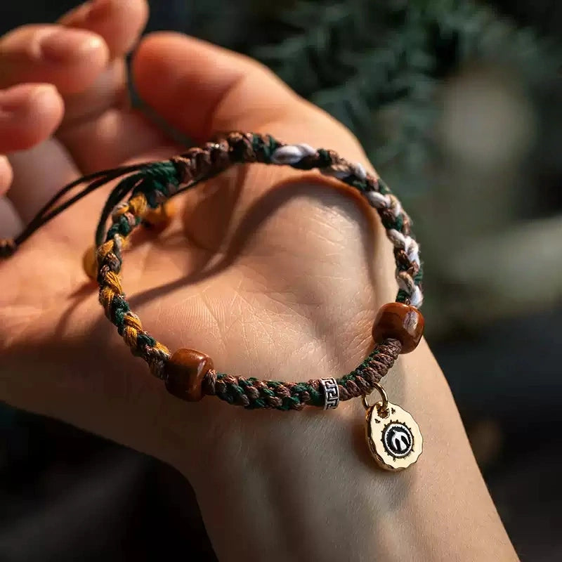 Handwoven Tibetan Yak Bone Bracelet with Sterling Silver and 18K Gold Accents