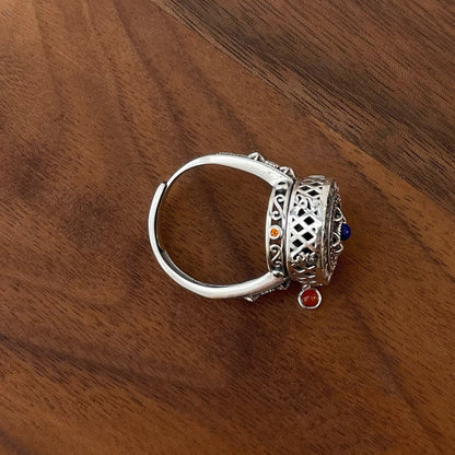 Tibetan Silver Incense Burner Ring with Carnelian & Spin Feature