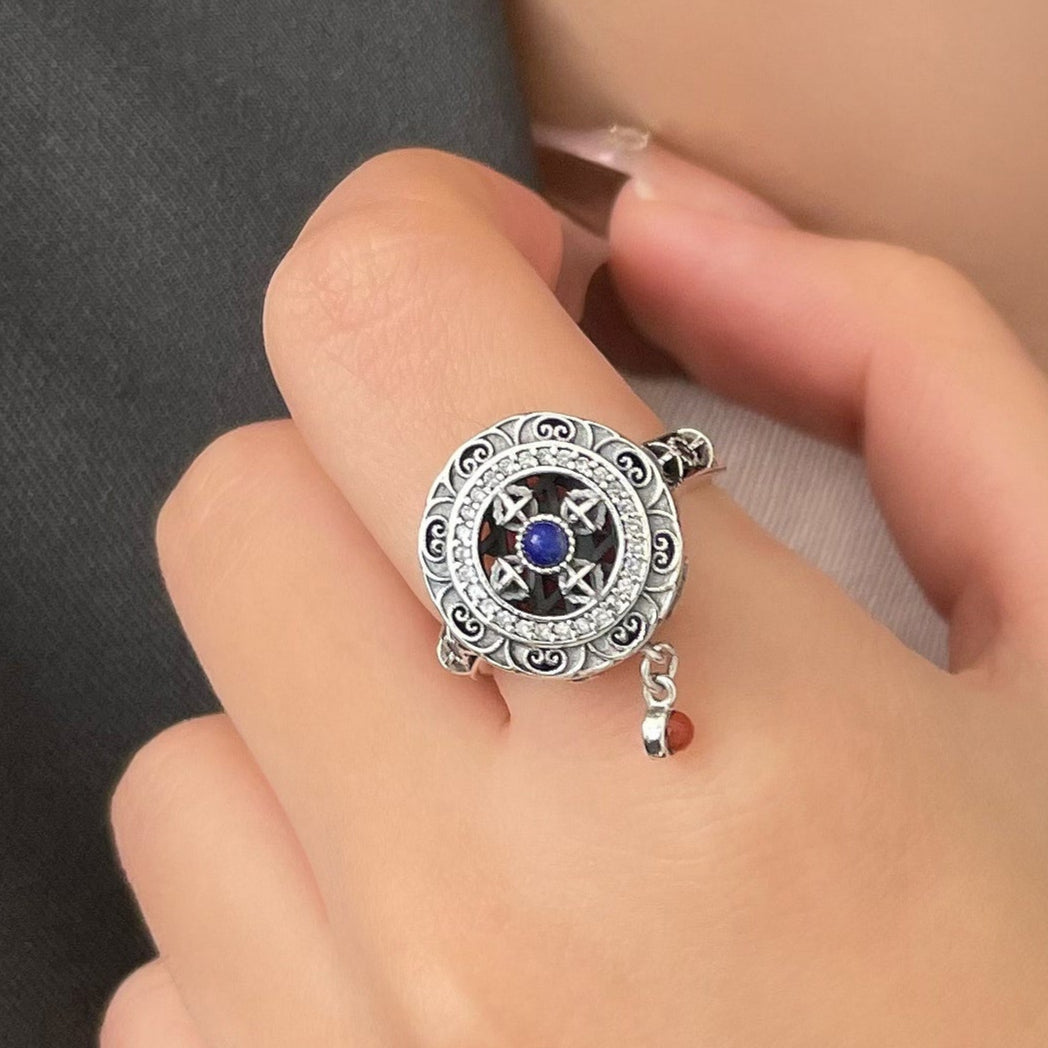 Tibetan Silver Incense Burner Ring with Carnelian & Spin Feature