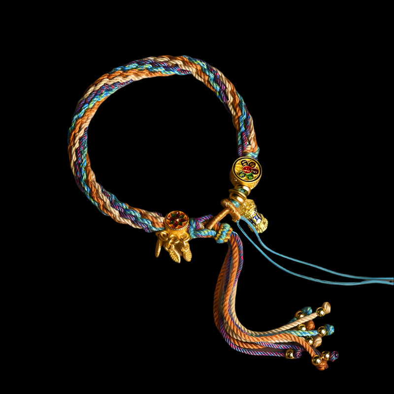 Tibetan Spiritual Friendship Bracelet with Golden Charms and Sacred Icons