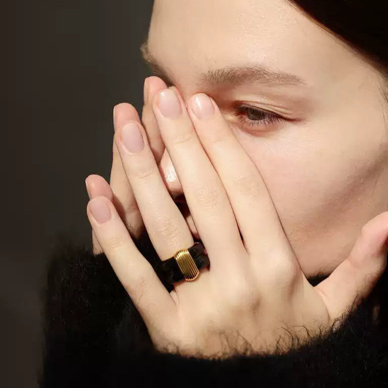 French Vintage Wide Band Ring – White Enamel Gold-Plated Copper