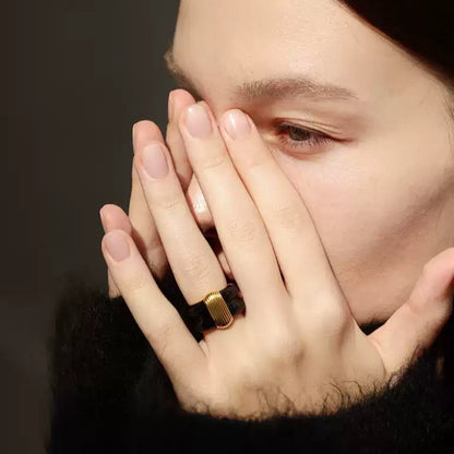 French Vintage Wide Band Ring – White Enamel Gold-Plated Copper